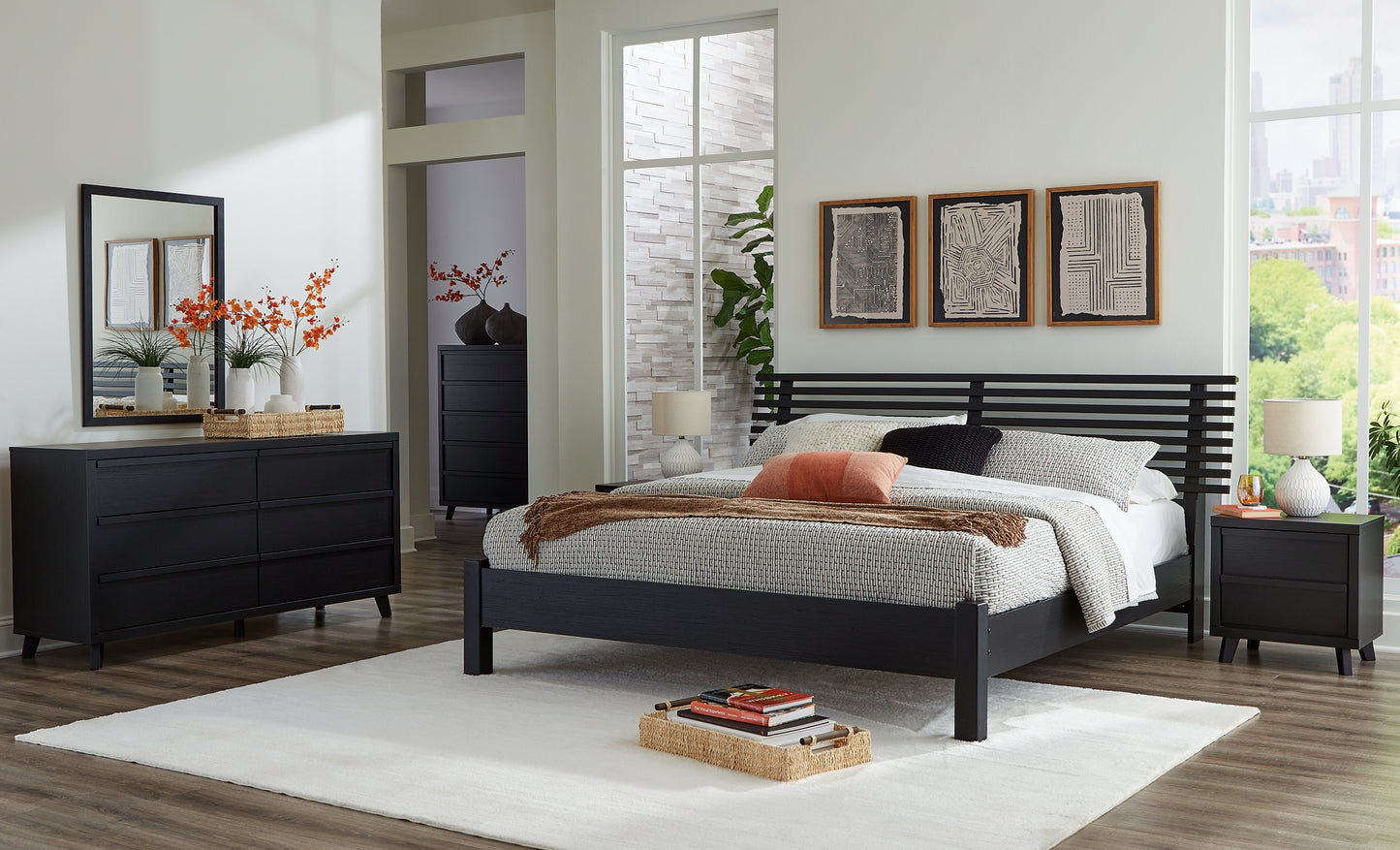 Danziar  Panel Bed With Mirrored Dresser, Chest And Nightstand