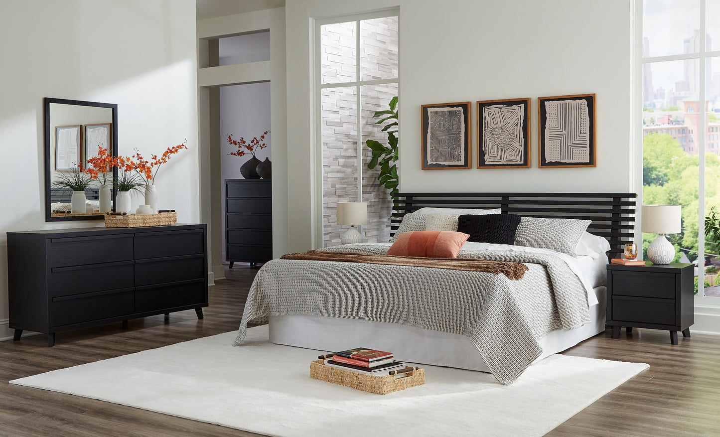 Danziar  Panel Headboard With Mirrored Dresser And Nightstand