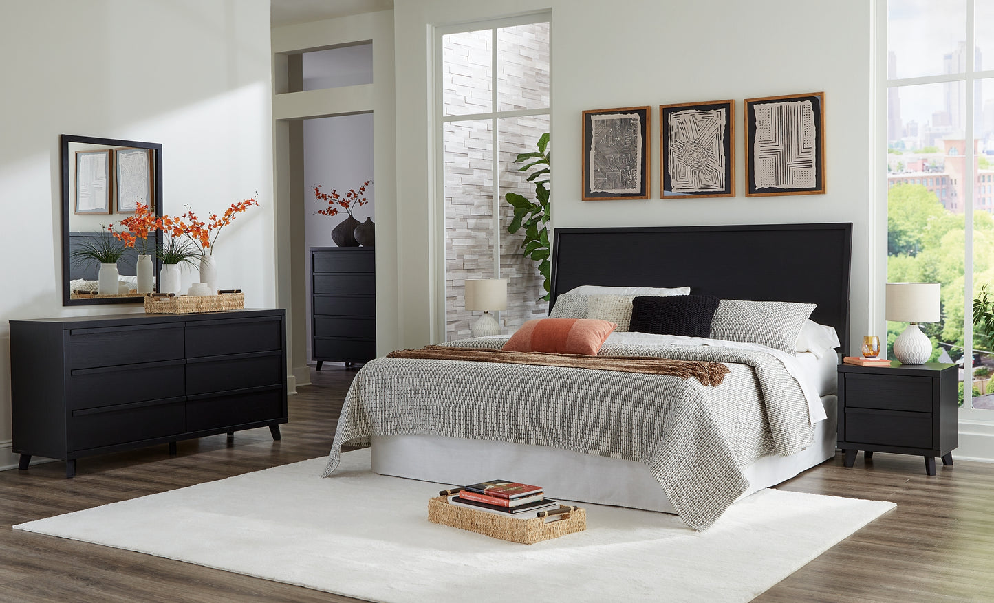 Danziar  Panel Headboard With Mirrored Dresser And Nightstand