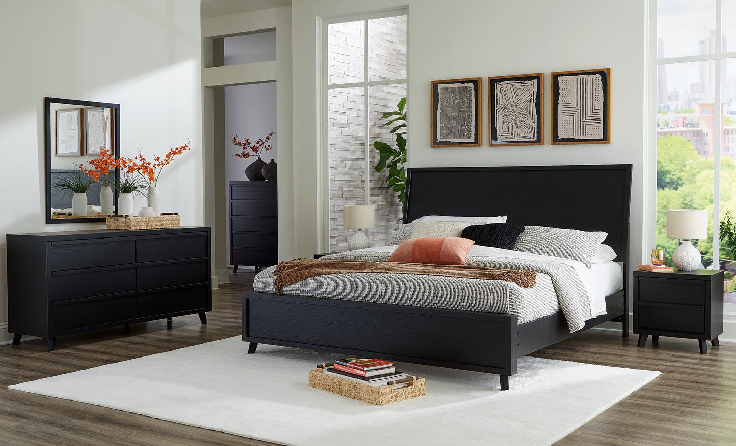 Danziar  Panel Bed With Mirrored Dresser, Chest And Nightstand