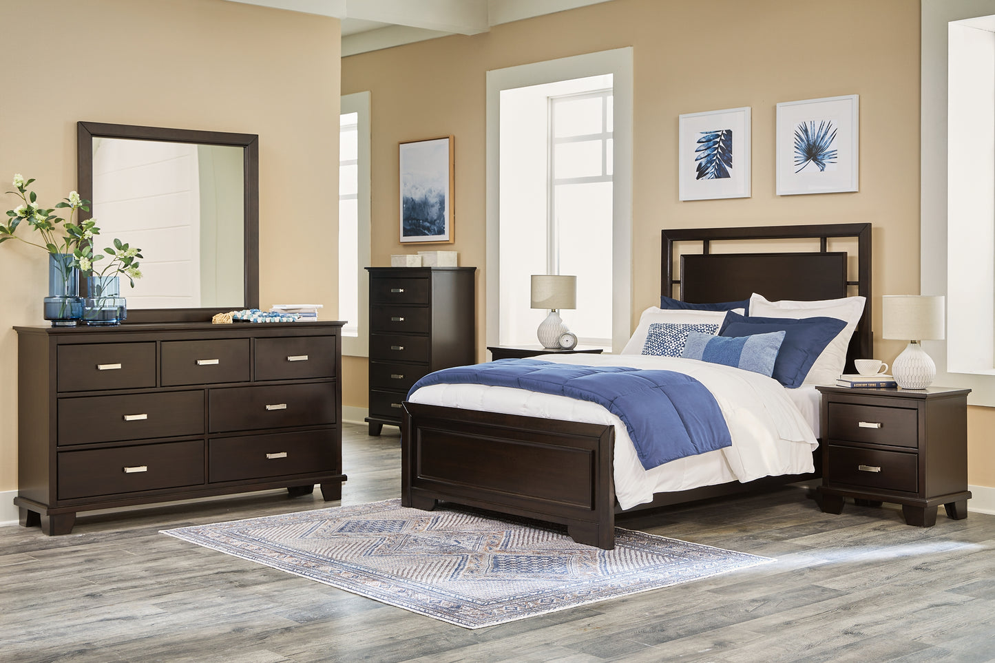 Covetown  Panel Bed With Mirrored Dresser, Chest And 2 Nightstands