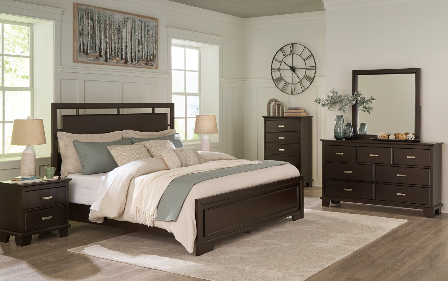 Covetown California  Panel Bed With Mirrored Dresser, Chest And 2 Nightstands