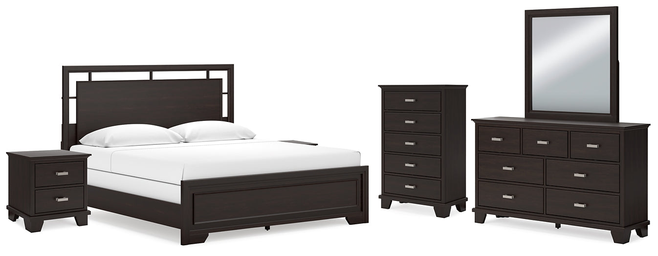 Covetown California  Panel Bed With Mirrored Dresser, Chest And 2 Nightstands