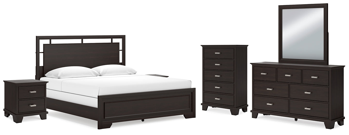 Covetown  Panel Bed With Mirrored Dresser, Chest And 2 Nightstands