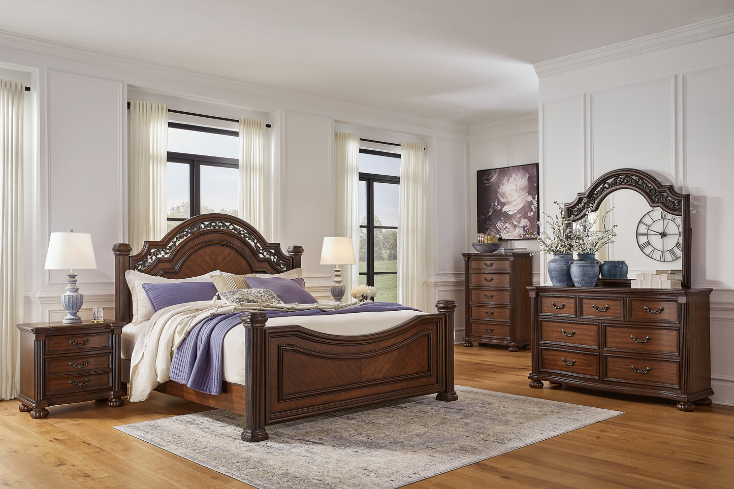 Lavinton  Poster Bed With Mirrored Dresser, Chest And 2 Nightstands