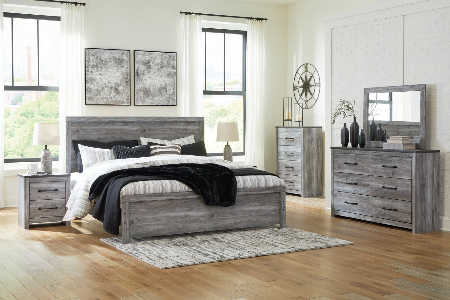 Bronyan  Panel Bed With Mirrored Dresser And Nightstand