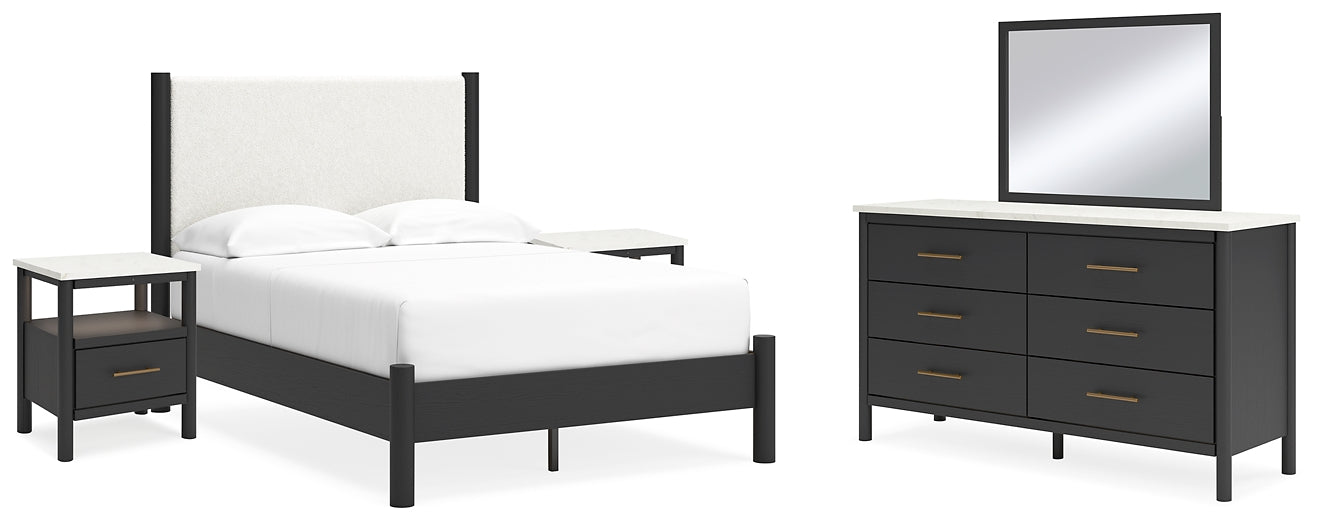 Cadmori  Upholstered Panel Bed With Mirrored Dresser And 2 Nightstands