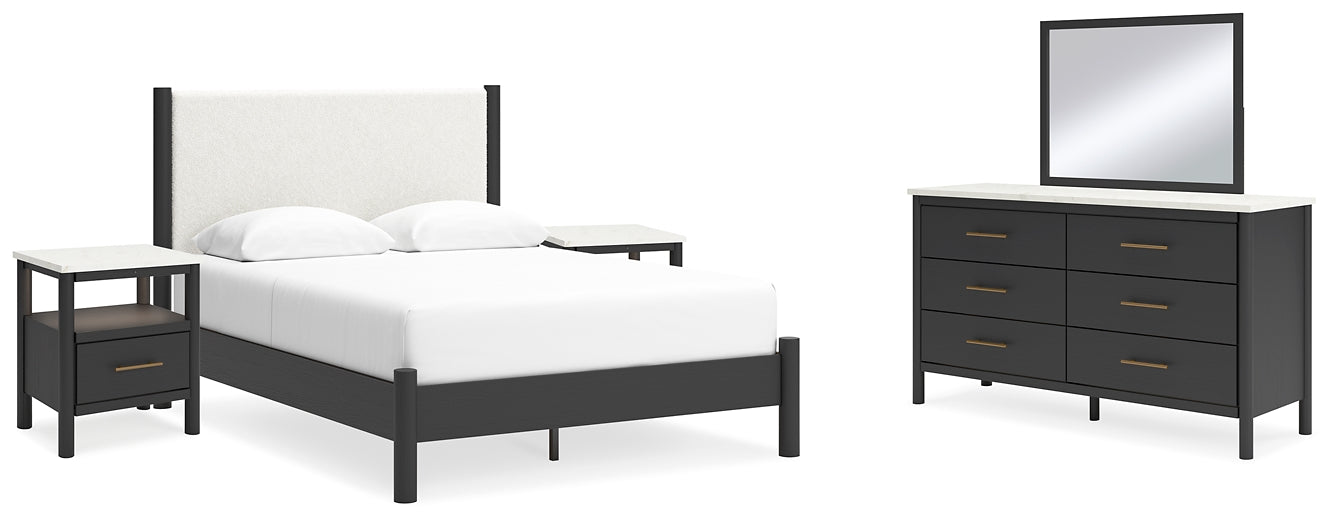 Cadmori  Upholstered Panel Bed With Mirrored Dresser And 2 Nightstands