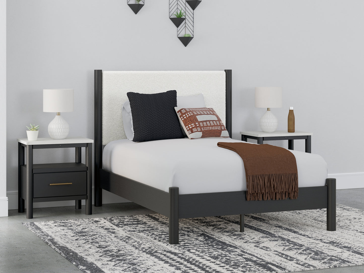 Cadmori  Upholstered Panel Bed With 2 Nightstands