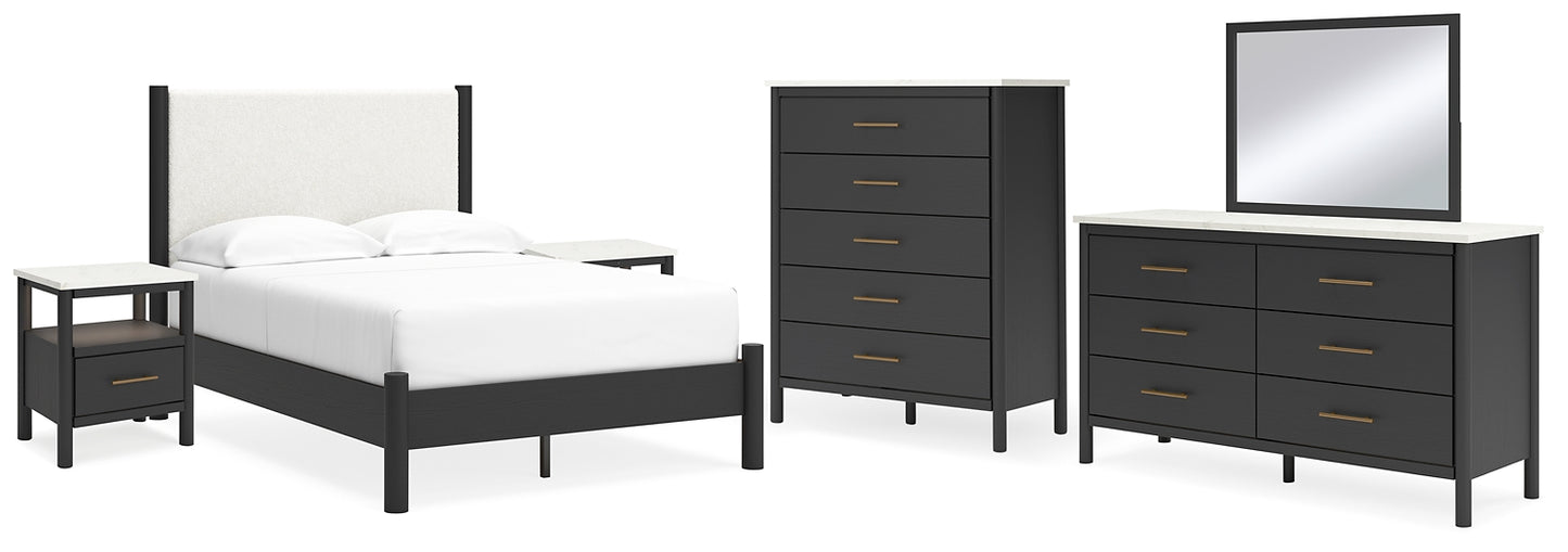 Cadmori  Upholstered Panel Bed With Mirrored Dresser, Chest And 2 Nightstands