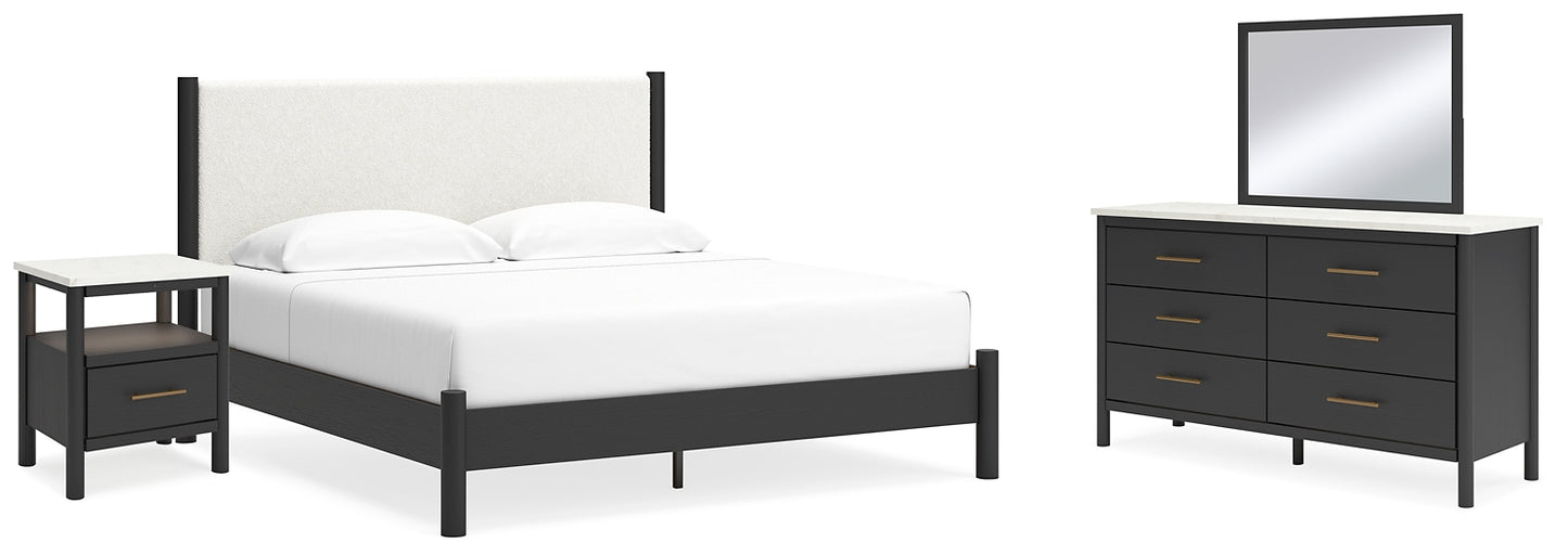 Cadmori  Upholstered Panel Bed With Mirrored Dresser And Nightstand