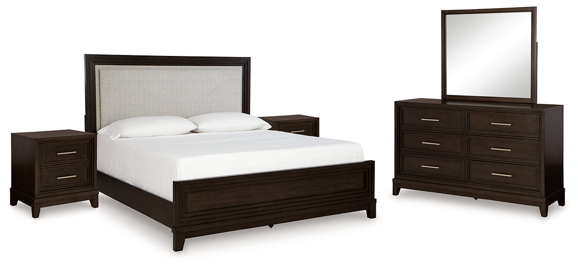 Neymorton  Upholstered Panel Bed With Mirrored Dresser And 2 Nightstands