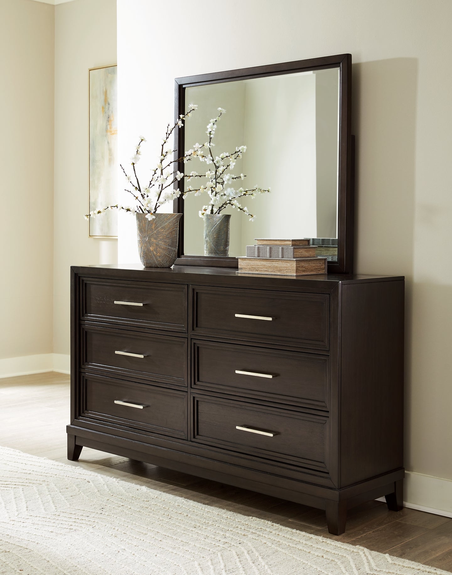 Neymorton  Upholstered Panel Bed With Mirrored Dresser And 2 Nightstands