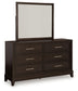 Neymorton California  Upholstered Panel Bed With Mirrored Dresser, Chest And Nightstand