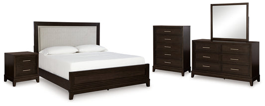 Neymorton California  Upholstered Panel Bed With Mirrored Dresser, Chest And Nightstand