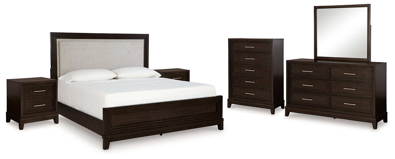 Neymorton  Upholstered Panel Bed With Mirrored Dresser, Chest And 2 Nightstands