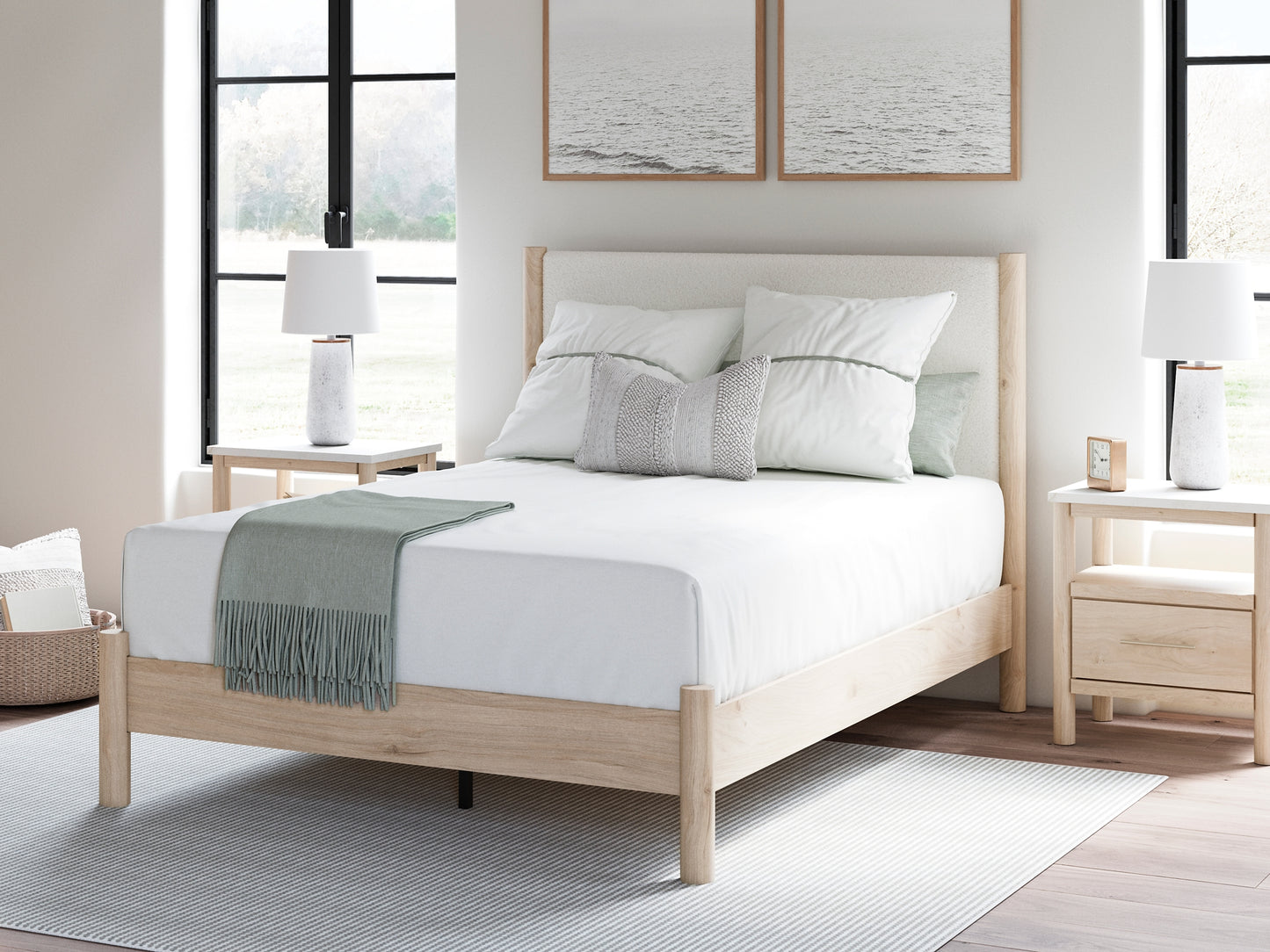 Cadmori  Upholstered Panel Bed With Mirrored Dresser