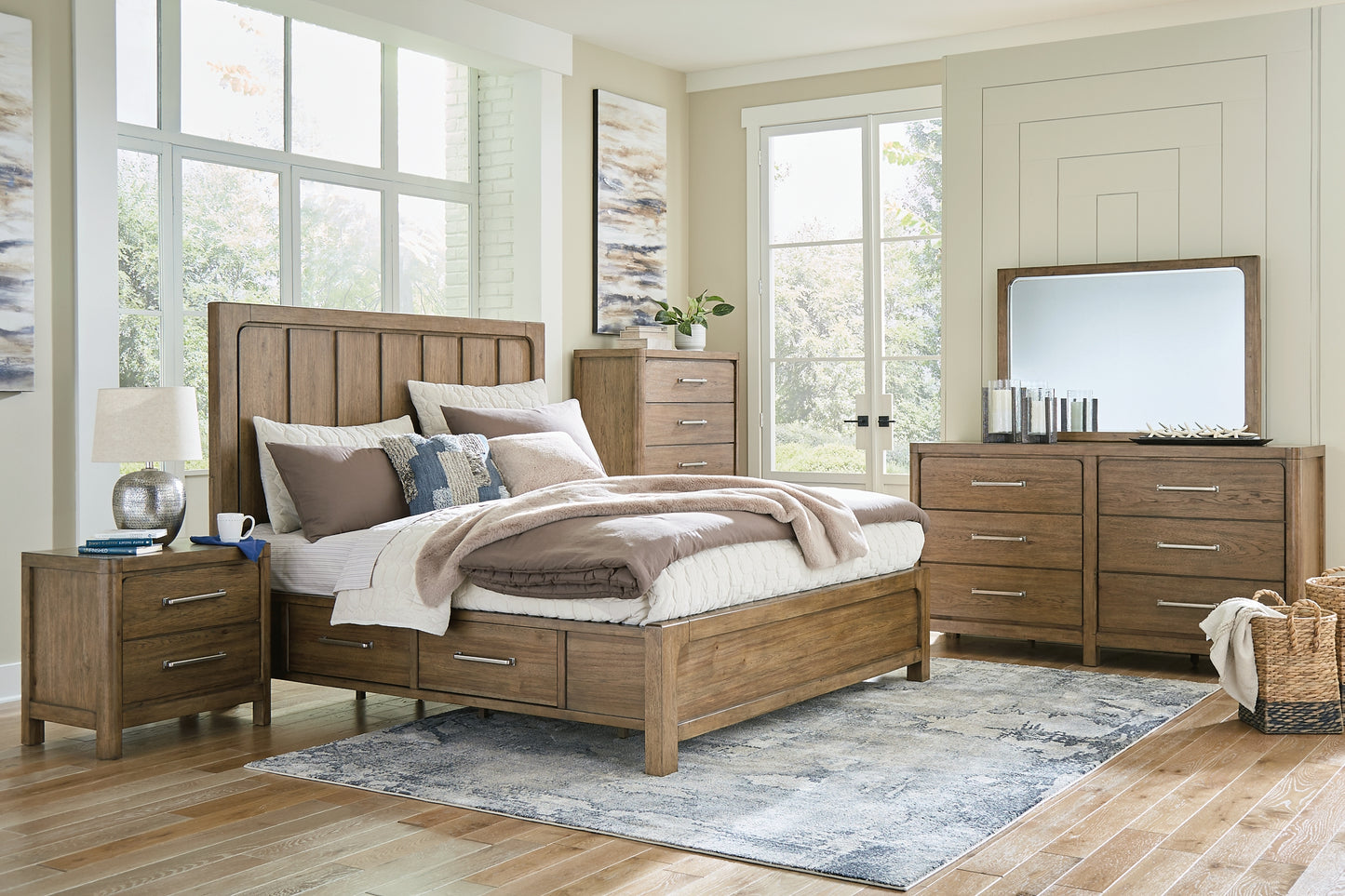 Cabalynn California  Panel Bed With Storage With Mirrored Dresser