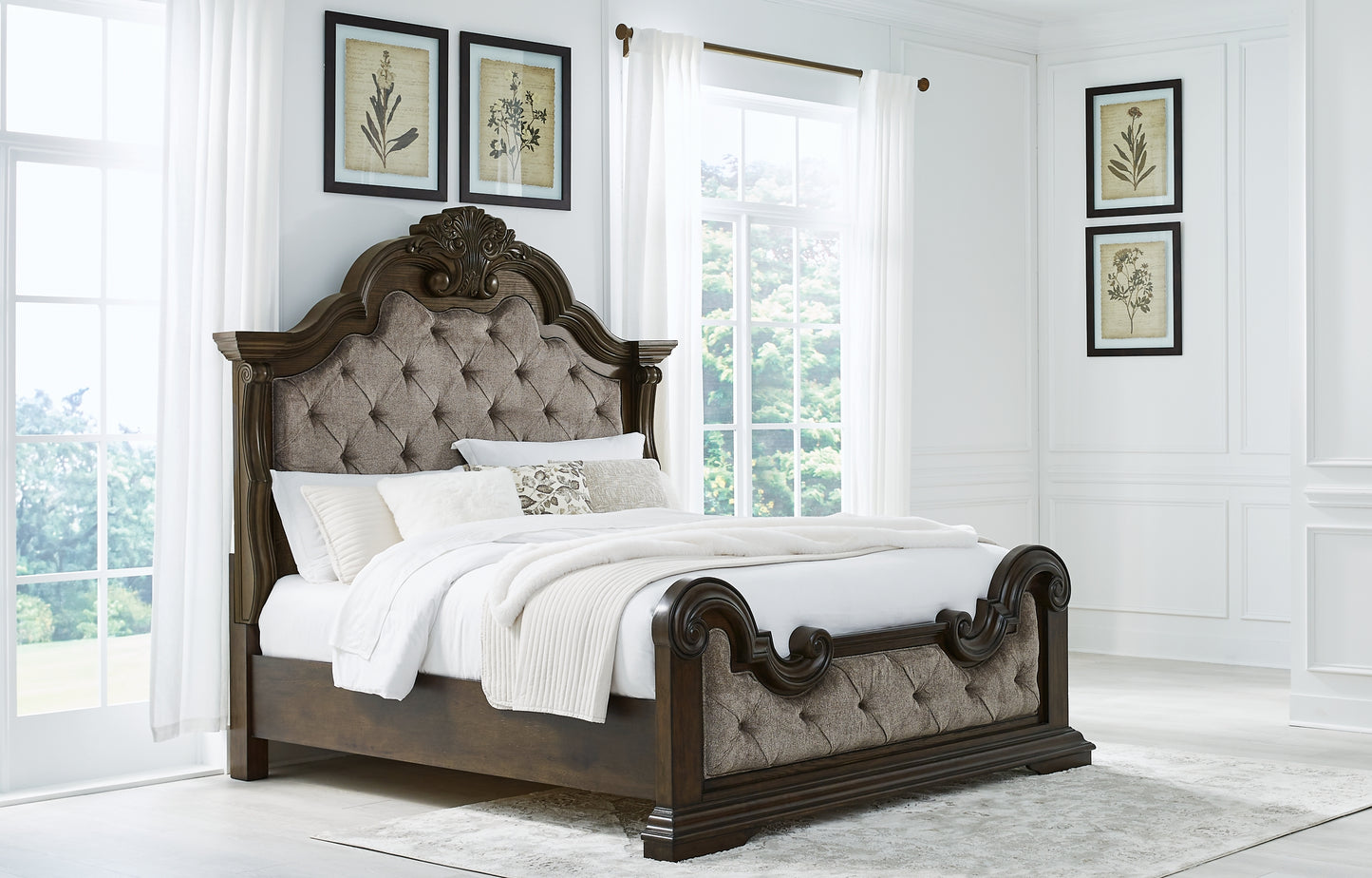 Maylee California  Upholstered Bed With Mirrored Dresser, Chest And 2 Nightstands