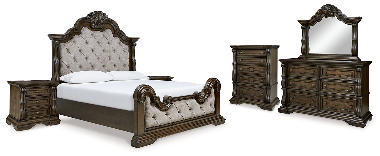 Maylee  Upholstered Bed With Mirrored Dresser, Chest And 2 Nightstands