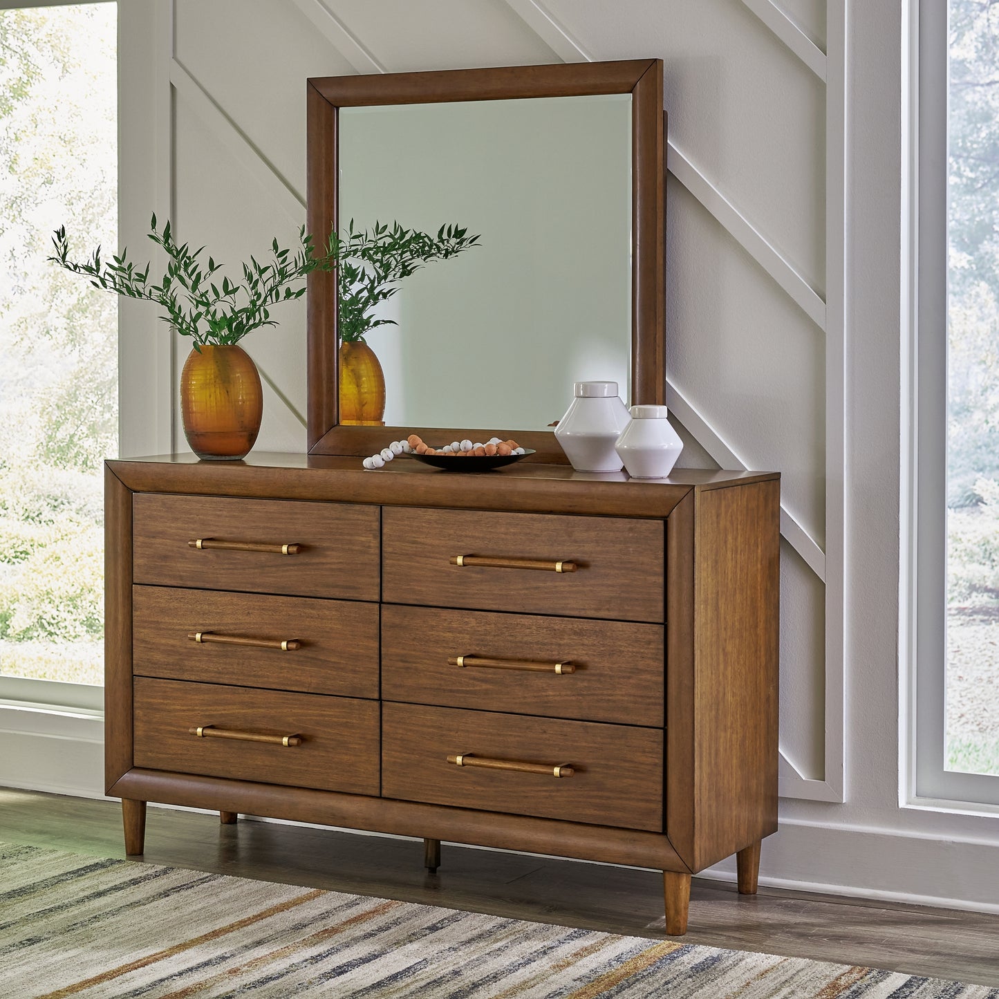 Lyncott  Upholstered Bed With Mirrored Dresser And Nightstand