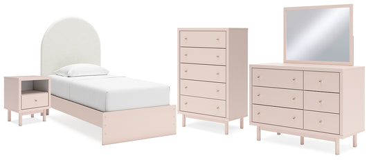 Wistenpine  Upholstered Panel Bed With Mirrored Dresser, Chest And Nightstand