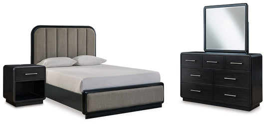 Rowanbeck  Upholstered Panel Bed With Mirrored Dresser And Nightstand