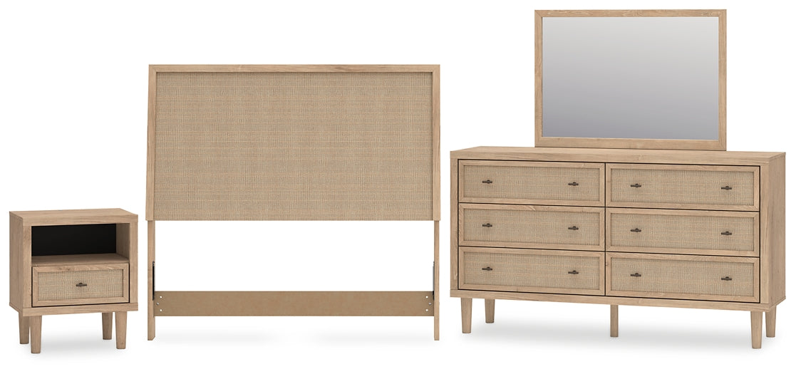 Cielden  Upholstered Panel Bed With Mirrored Dresser And Nightstand