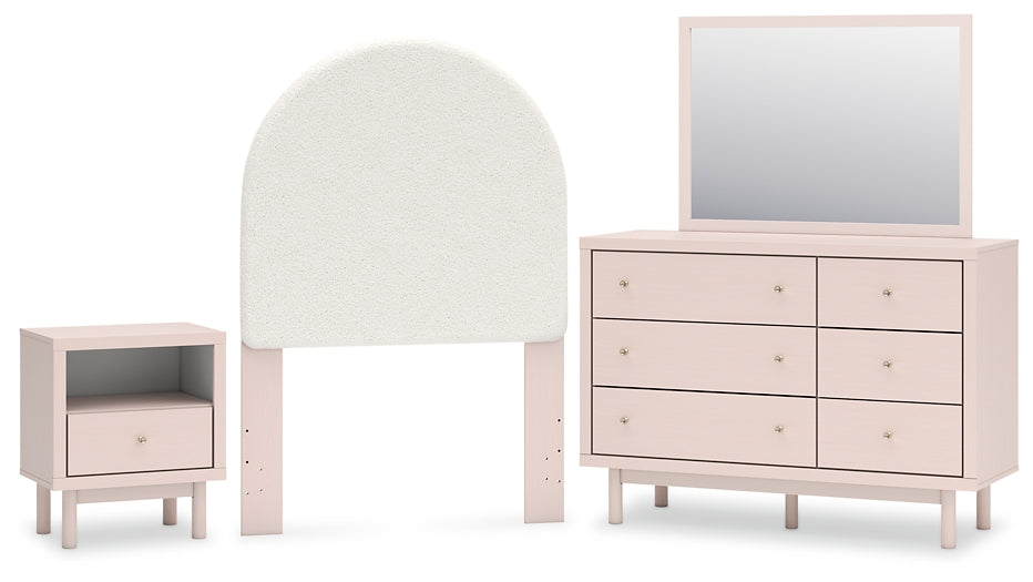 Wistenpine  Upholstered Panel Headboard With Mirrored Dresser And Nightstand