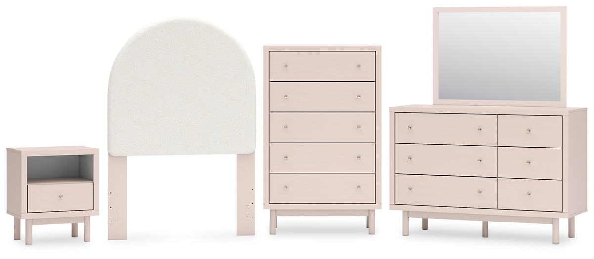 Wistenpine  Upholstered Panel Headboard With Mirrored Dresser, Chest And Nightstand