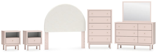 Wistenpine  Upholstered Panel Headboard With Mirrored Dresser, Chest And 2 Nightstands