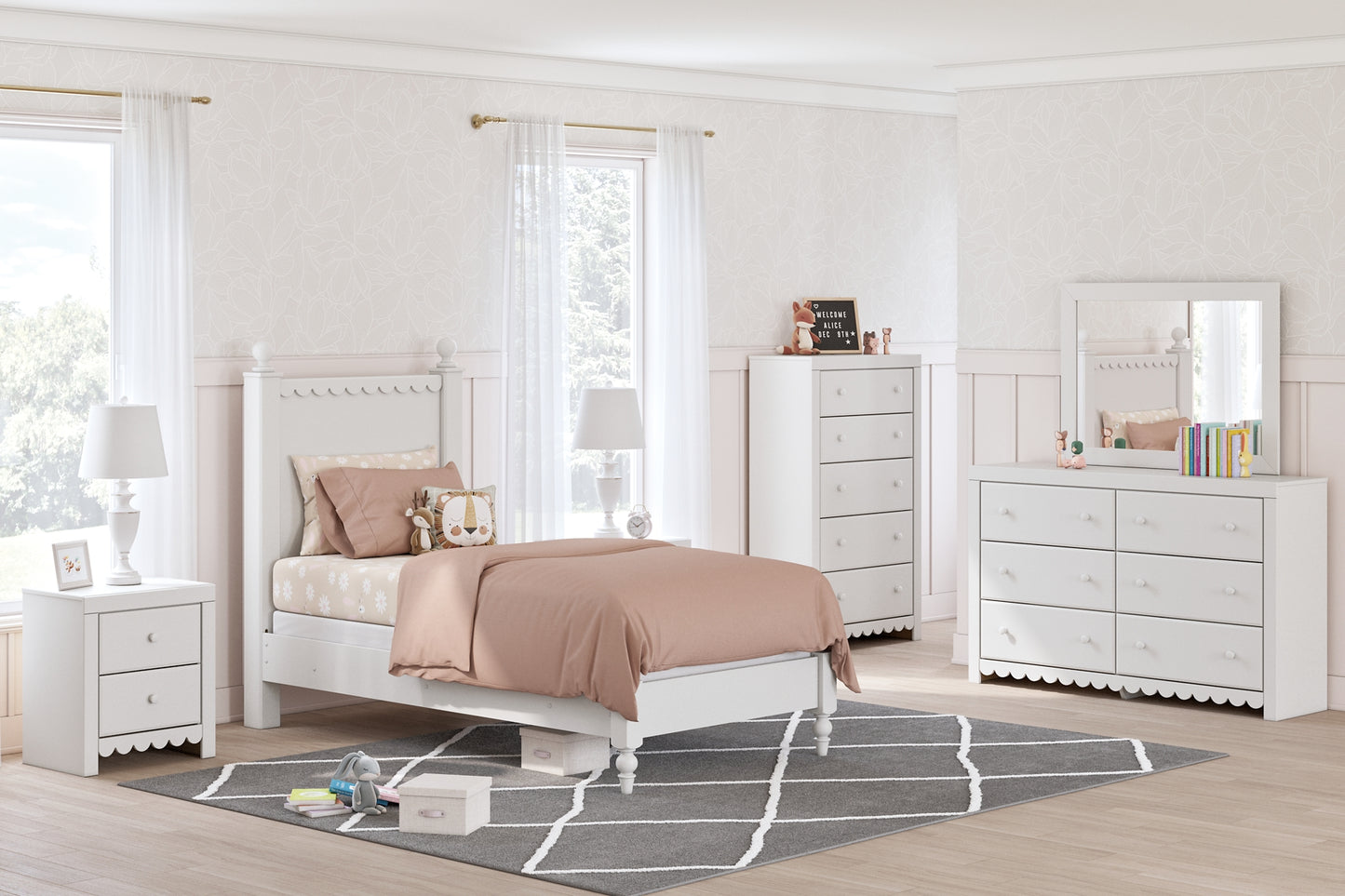 Mollviney  Panel Storage Bed With Mirrored Dresser, Chest And Nightstand