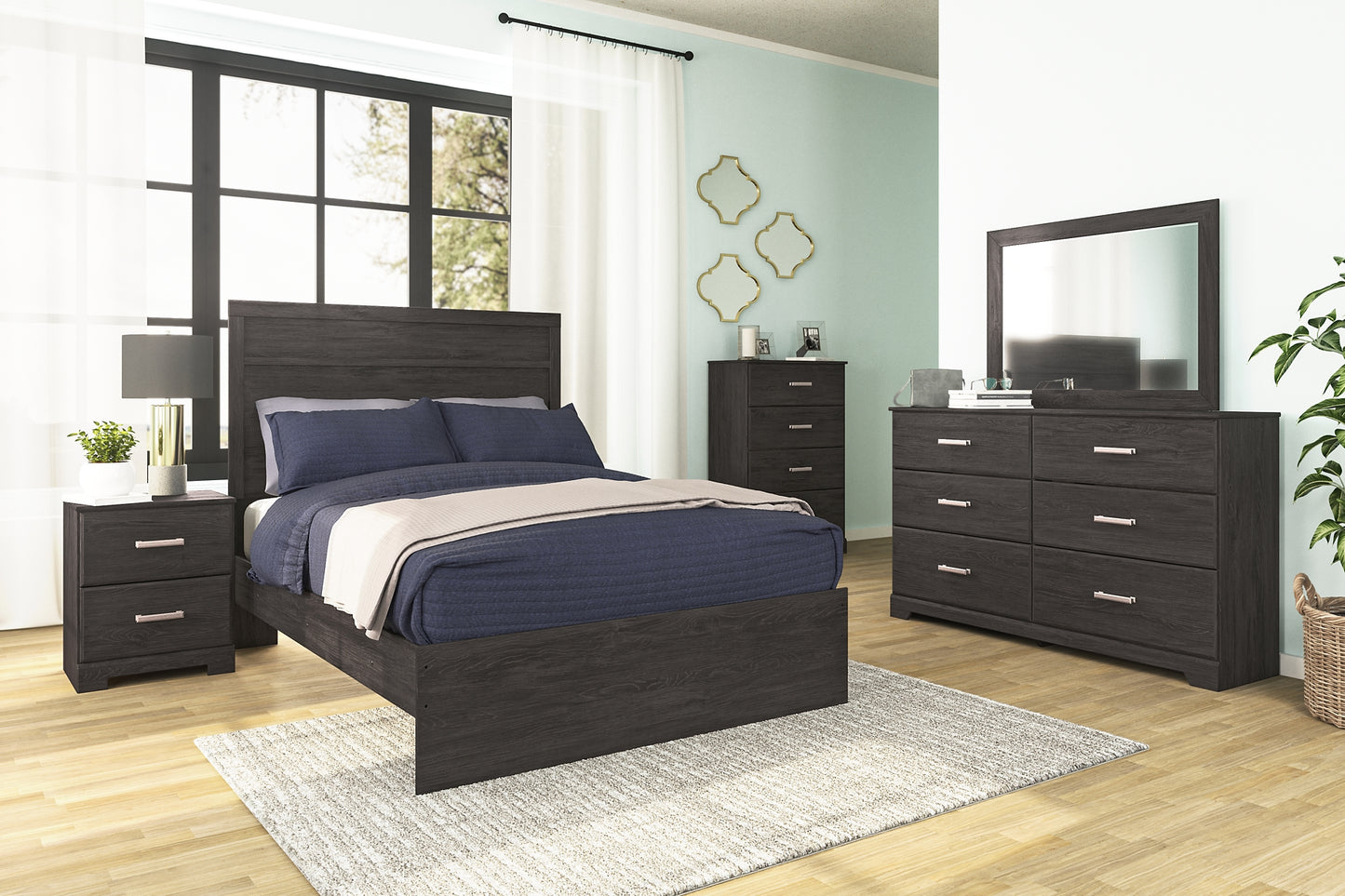 Belachime  Panel Bed With Mirrored Dresser, Chest And 2 Nightstands