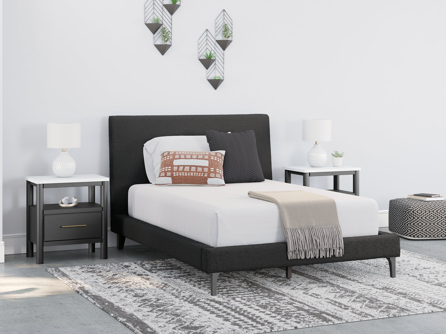 Cadmori  Upholstered Bed With Mirrored Dresser And 2 Nightstands