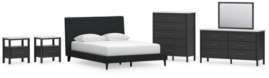 Cadmori  Upholstered Bed With Mirrored Dresser, Chest And 2 Nightstands