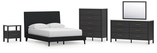 Cadmori  Upholstered Bed With Mirrored Dresser, Chest And Nightstand