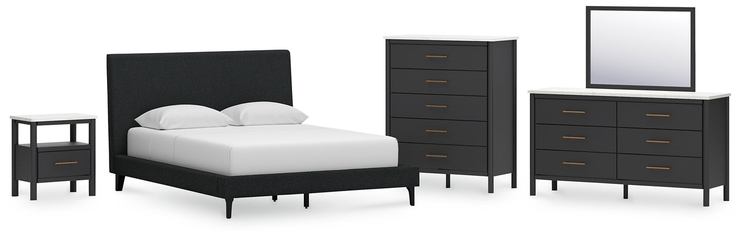 Cadmori  Upholstered Bed With Mirrored Dresser, Chest And Nightstand