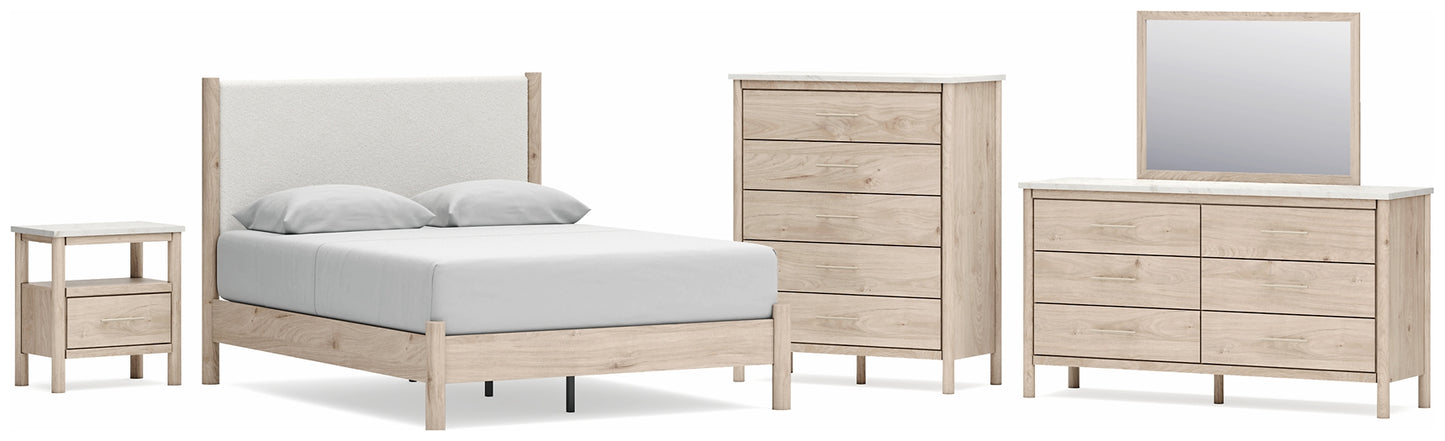 Cadmori  Upholstered Panel Bed With Mirrored Dresser, Chest And Nightstand