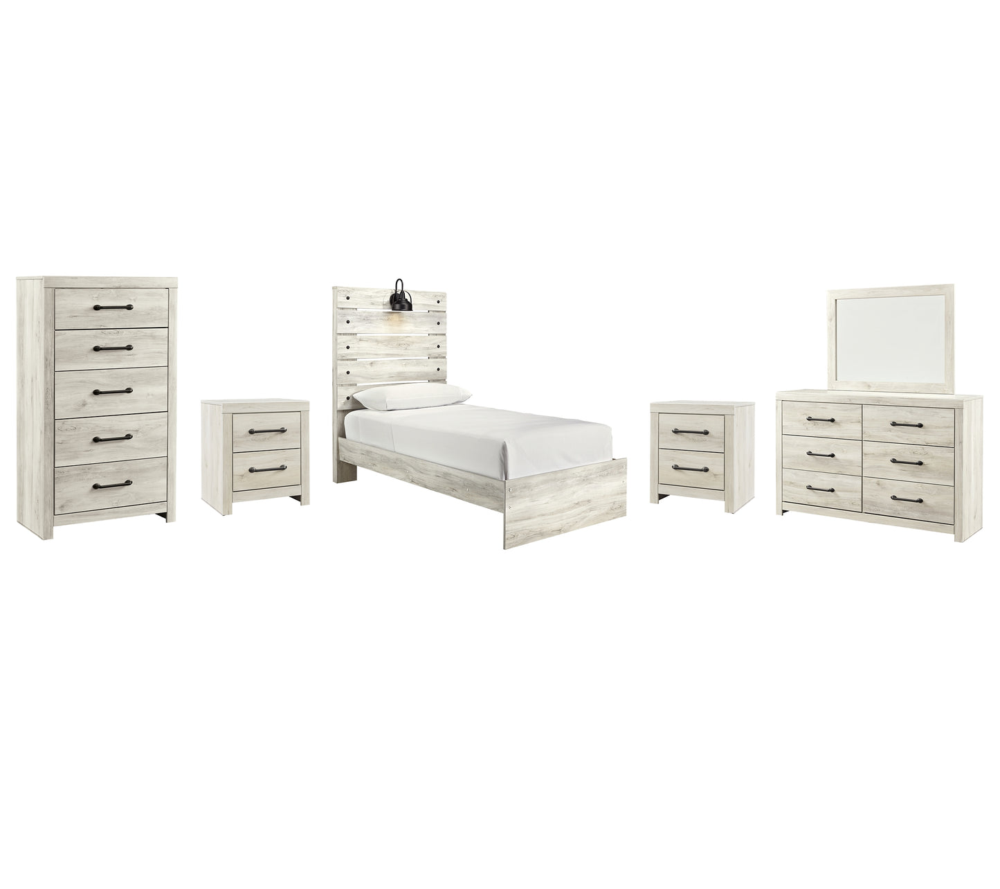 Cambeck  Panel Bed With Mirrored Dresser, Chest And 2 Nightstands