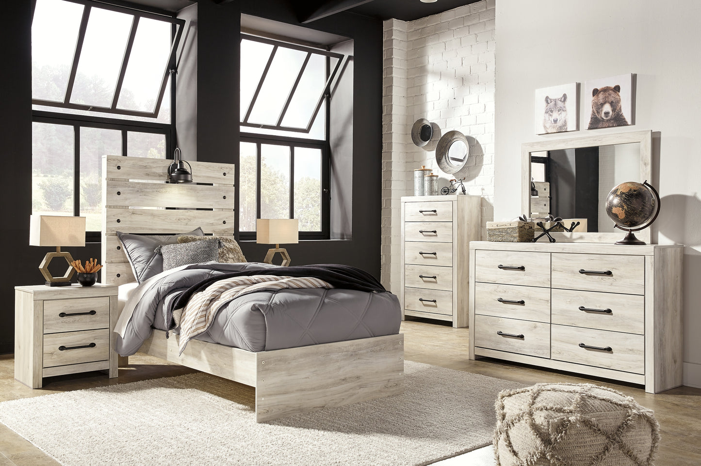 Cambeck  Panel Bed With Mirrored Dresser, Chest And 2 Nightstands