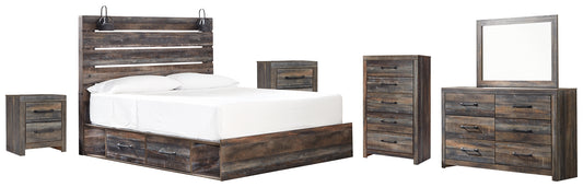 Drystan  Panel Bed With 4 Storage Drawers With Mirrored Dresser, Chest And 2 Nightstands