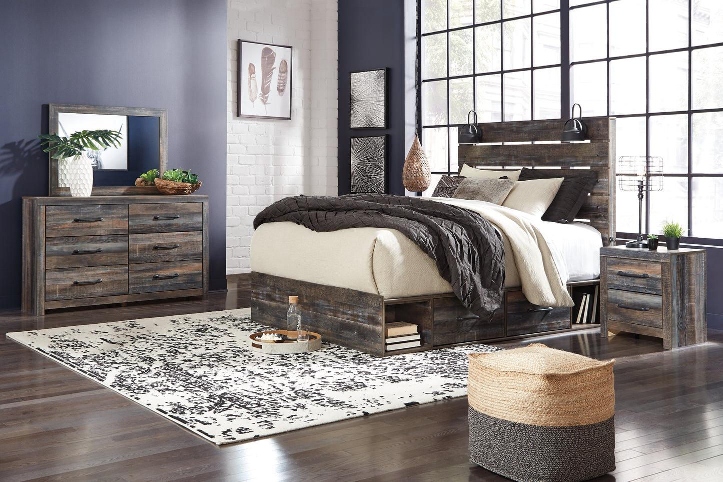 Drystan  Panel Bed With 4 Storage Drawers With Mirrored Dresser, Chest And 2 Nightstands