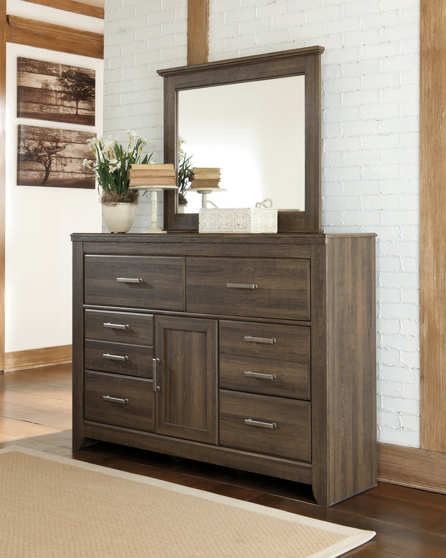 Juararo  Panel Headboard With Mirrored Dresser, Chest And Nightstand