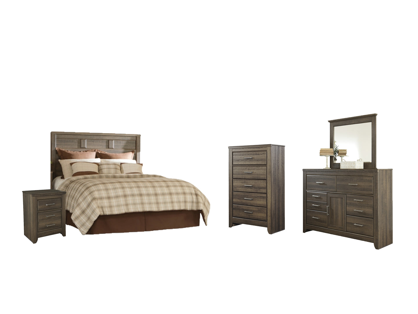 Juararo  Panel Headboard With Mirrored Dresser, Chest And Nightstand