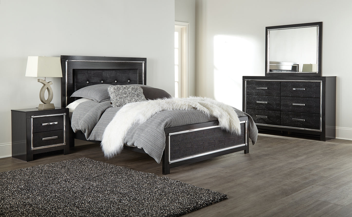 Kaydell  Upholstered Panel Bed With Mirrored Dresser