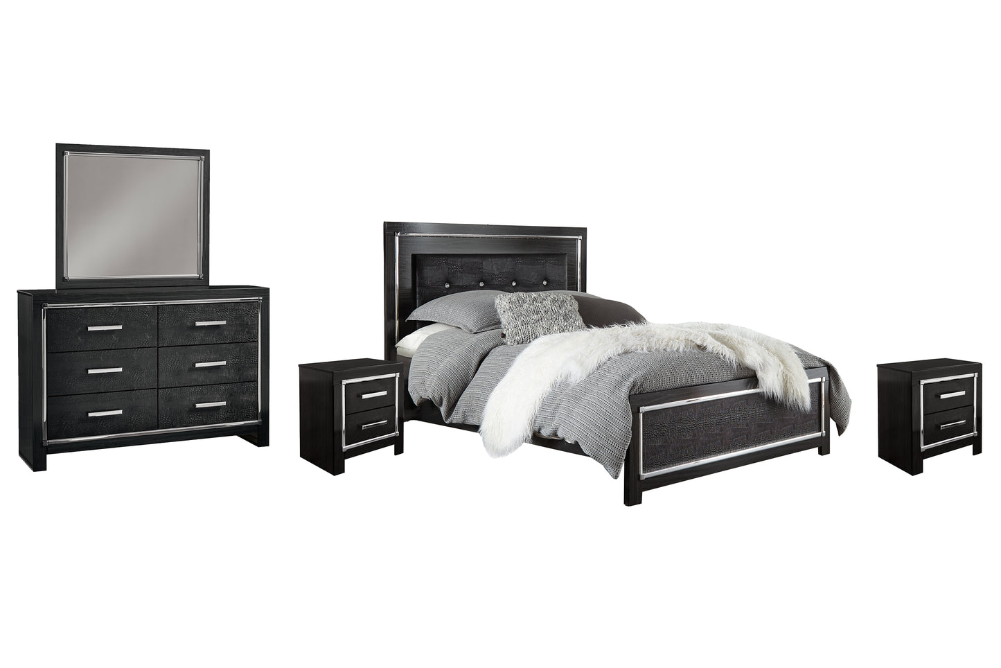 Kaydell  Upholstered Panel Bed With Mirrored Dresser And 2 Nightstands