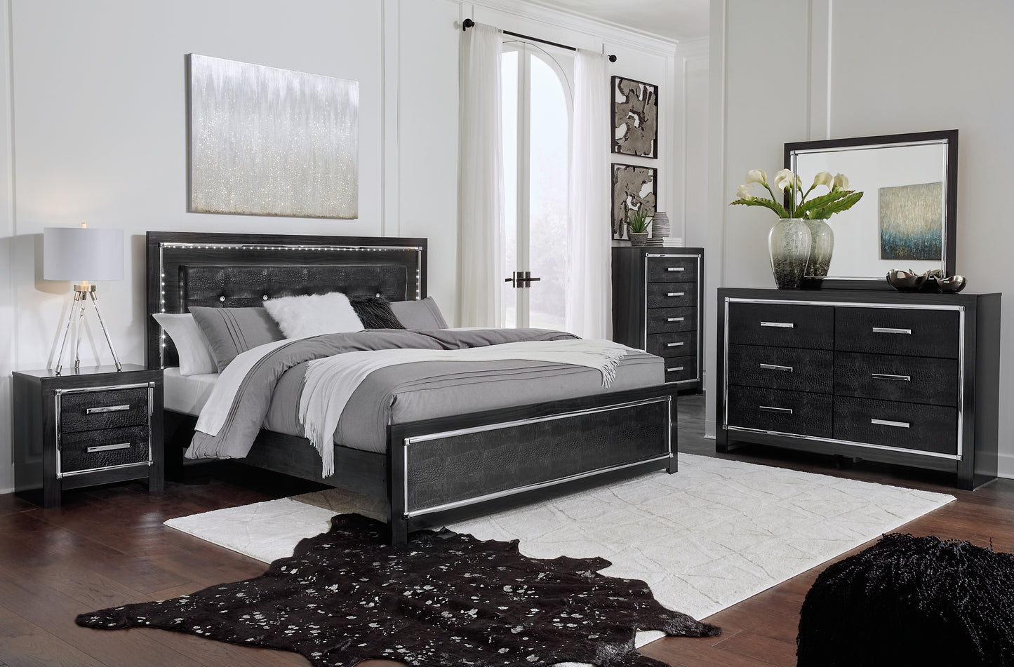 Kaydell  Upholstered Panel Bed With Mirrored Dresser And 2 Nightstands