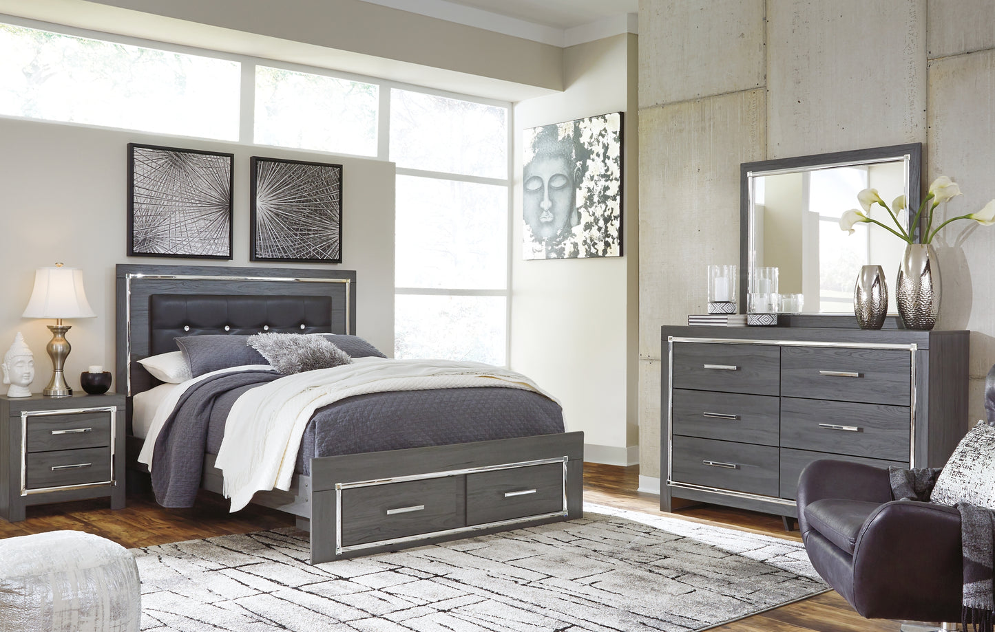 Lodanna  Panel Bed With 2 Storage Drawers With Mirrored Dresser, Chest And 2 Nightstands