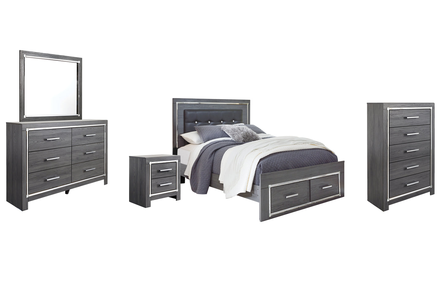 Lodanna  Panel Bed With 2 Storage Drawers With Mirrored Dresser, Chest And Nightstand