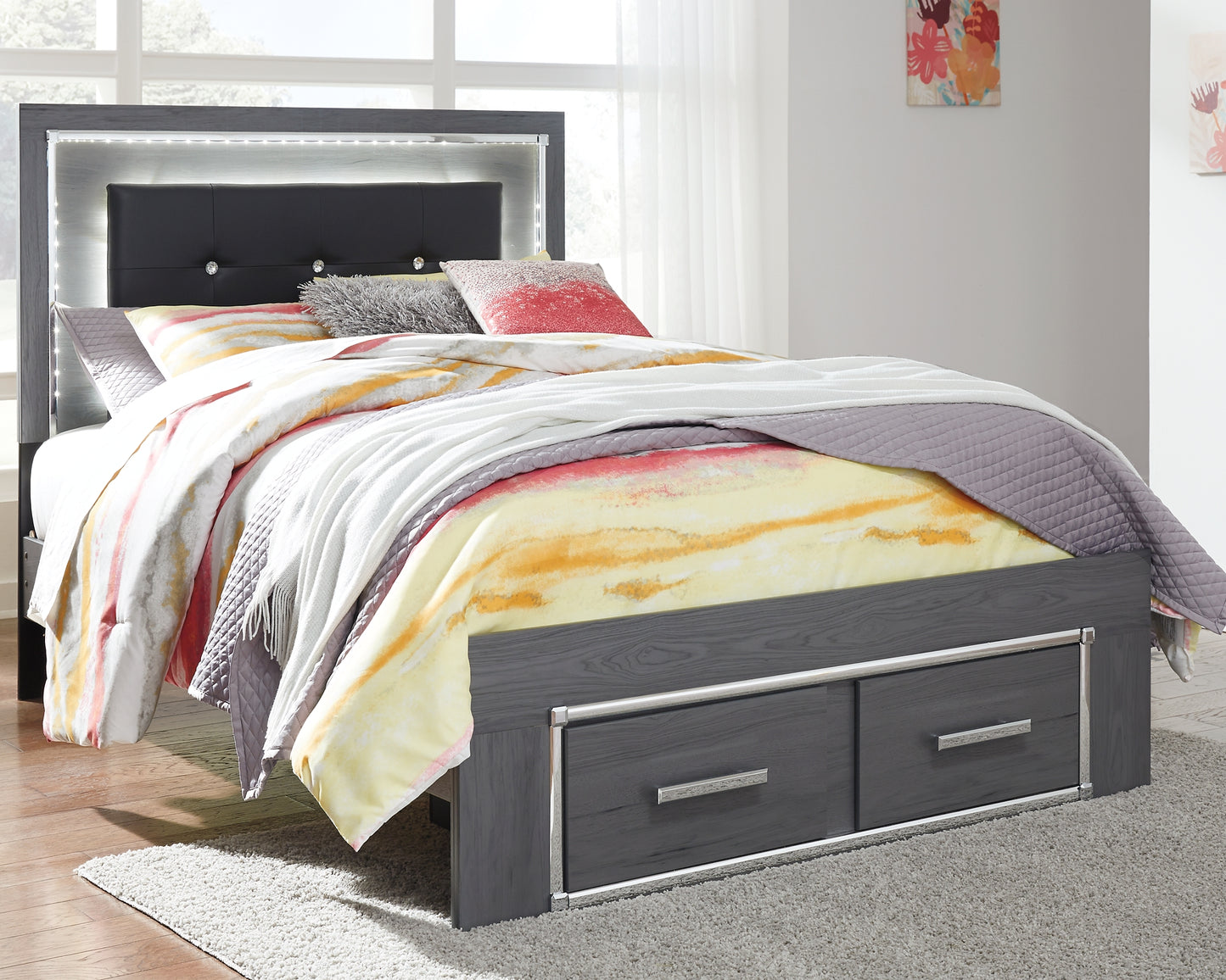 Lodanna  Panel Bed With 2 Storage Drawers With Mirrored Dresser And Chest